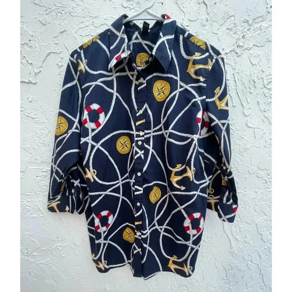 Vintage Lauren Ralph Lauren Womens Nautical Sailor Anchor Button Down Shirt 1X - Picture 1 of 9
